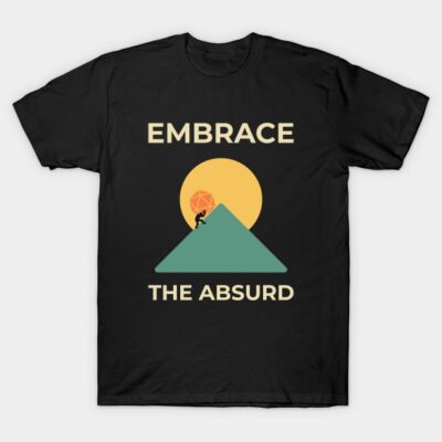Black t-shirt with "Embrace the Absurd" graphic, featuring a climber on a mountain against a sun backdrop. Casual wear.