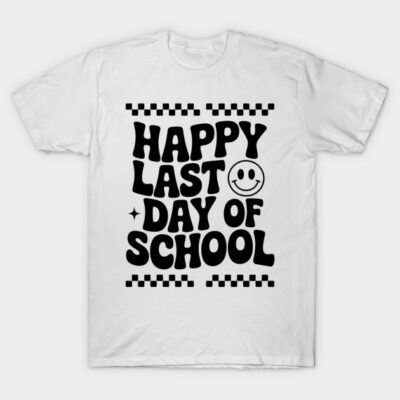 White t-shirt with "Happy Last Day of School" text and smiley face, casual style, 100% cotton.