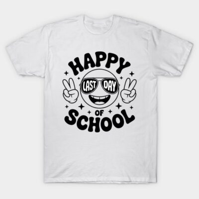 White "Happy Last Day of School" T-shirt with playful graphic design, casual style, cotton fabric.