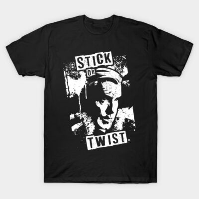 Black graphic tee with "Stick or Twist" text, bold white design, casual style, ideal for everyday wear.