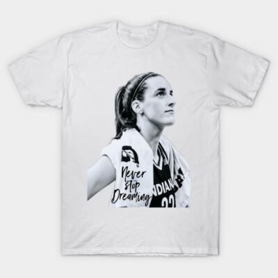 White T-shirt featuring motivational "Never Stop Dreaming" graphic, ideal for casual wear and inspiration.