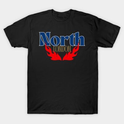 "Black North London graphic t-shirt with red flame design, casual cotton wear for everyday use."