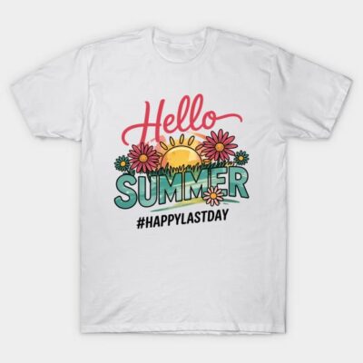White cotton t-shirt with "Hello Summer" graphic, featuring sun and flowers. Casual summer wear, unisex design.