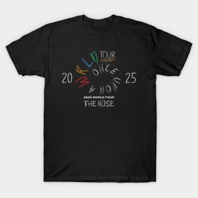 Black World Tour 2025 t-shirt with colorful text design, cotton material, casual wear for music fans.