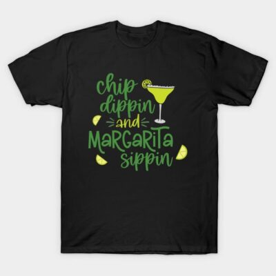 Black t-shirt with "Chip Dippin and Margarita Sippin" text, lime green and yellow design, casual party wear.