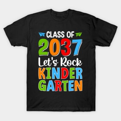 "Black T-shirt with colorful 'Class of 2037 Let's Rock Kindergarten' graphic print, casual wear for kids."