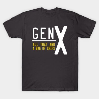 Black "Gen X" graphic t-shirt with yellow text, casual style, cotton material, perfect for everyday wear.