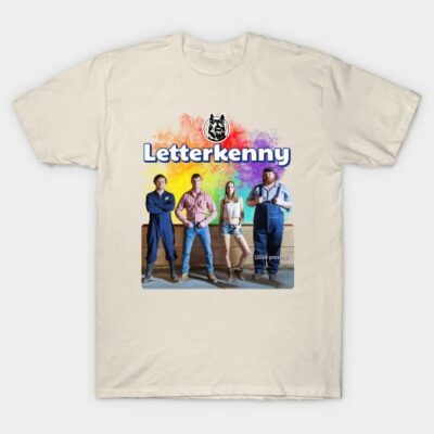 "Beige Letterkenny graphic t-shirt, featuring colorful design, casual style, cotton material, ideal for fans and everyday wear."