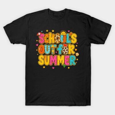 Black t-shirt with colorful "School's Out for Summer" graphic, casual wear, cotton material, fun summer style.