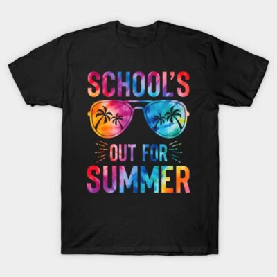 Black t-shirt with colorful "School's Out for Summer" graphic design, featuring sunglasses and palm trees, casual wear.