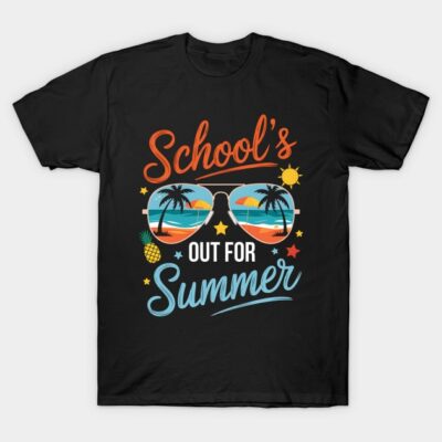 Black t-shirt with "School's Out for Summer" text, colorful beach sunglasses graphic, casual summer wear.