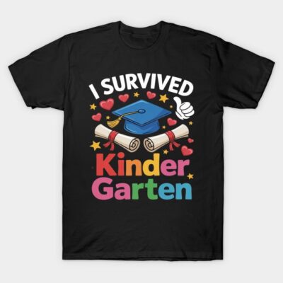 Black "I Survived Kindergarten" T-shirt with colorful graphics, featuring graduation cap and scrolls. Ideal for kids.