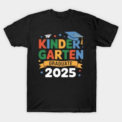 Black kindergarten graduate 2025 t-shirt with colorful text and graduation cap graphic, perfect for kids' celebrations.