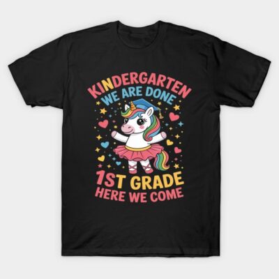 Black children's t-shirt with colorful unicorn and "Kindergarten to 1st Grade" message, perfect for school milestones.