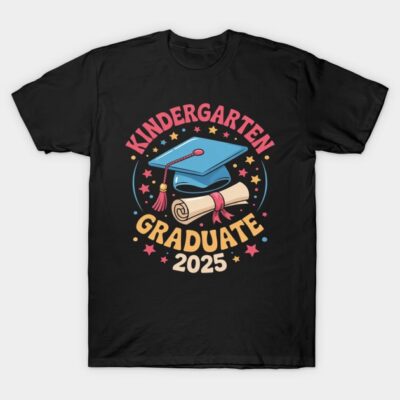 Black kindergarten graduate T-shirt 2025, colorful cap and diploma design, stars, casual gift apparel for kids.