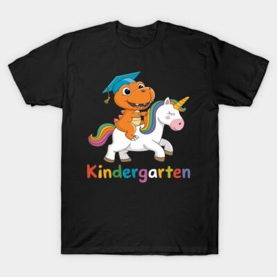 Black T-shirt with cartoon dinosaur and unicorn design, colorful "Kindergarten" text, perfect for kids' casual wear.