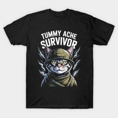 Black t-shirt with "Tummy Ache Survivor" text and illustrated cat in helmet, ideal for casual wear. Cotton material.