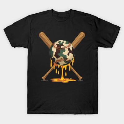Black T-shirt with melting camo baseball and crossed bats design, casual wear, cotton material.
