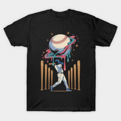 Black baseball-themed t-shirt featuring colorful cosmic design with batter and bats, perfect for sports enthusiasts.
