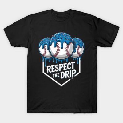 Black t-shirt with "Respect the Drip" slogan and blue-dripped baseball design, ideal for sports enthusiasts.