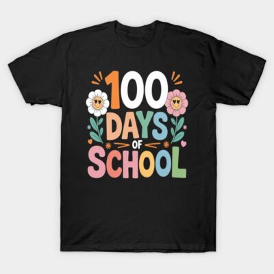 Black "100 Days of School" t-shirt with colorful text and flower design, perfect for school celebrations.