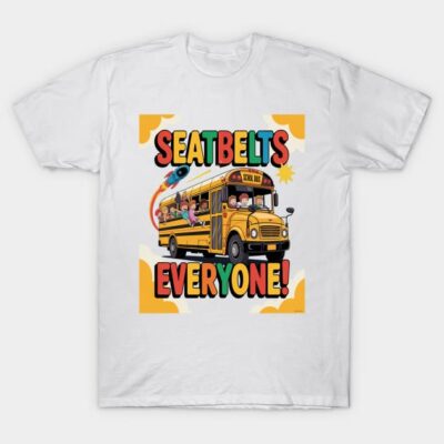 White T-shirt with colorful school bus print and "Seatbelts Everyone" text, casual wear, cotton fabric.