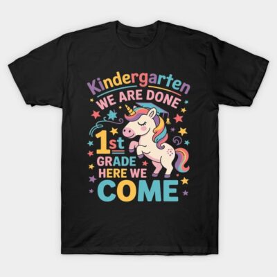 Black t-shirt with colorful unicorn graphic and "Kindergarten We Are Done, 1st Grade Here We Come" text, kids' clothing.