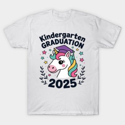 White kindergarten graduation t-shirt with colorful unicorn and 2025 print, celebration apparel for kids.
