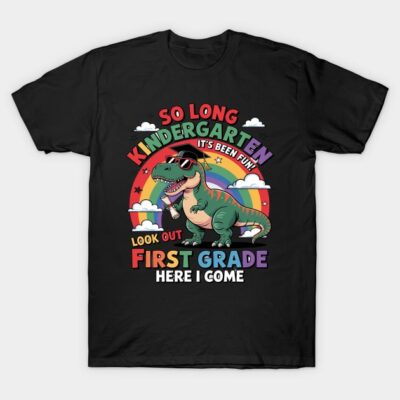 Black T-shirt with colorful dinosaur print, graduation theme, "So Long Kindergarten, Look Out First Grade" slogan.