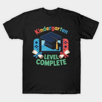 Black T-shirt with "Kindergarten Level Complete" design featuring a gaming console and graduation cap graphic.