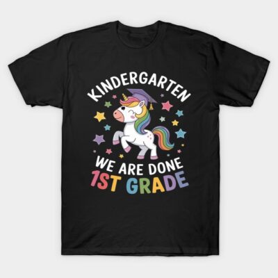 Black T-shirt with colorful unicorn and stars, "Kindergarten We Are Done" print, perfect for kids' graduation celebration.