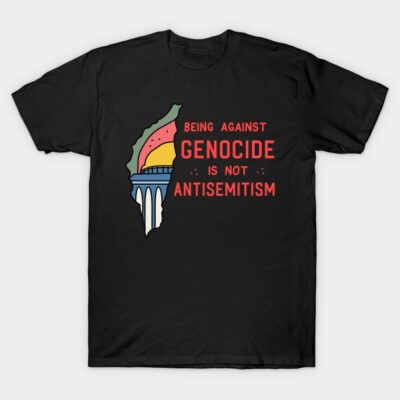 Black T-shirt with colorful graphic and "Being Against Genocide Is Not Antisemitism" text, casual wear, cotton fabric.