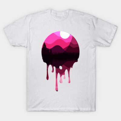 White t-shirt with abstract pink and purple dripping landscape design, casual style, cotton material.