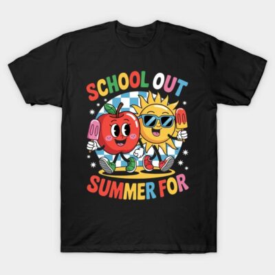 Black t-shirt with colorful "School Out Summer For" design featuring cartoon apple and sun holding popsicles.