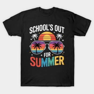 Black "School's Out for Summer" graphic t-shirt with colorful sunglasses and palm trees design, casual summer wear.