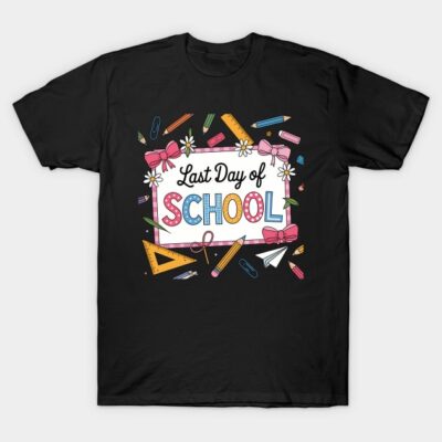 Black "Last Day of School" T-shirt with colorful school-themed graphics, perfect for celebrating the school year end.