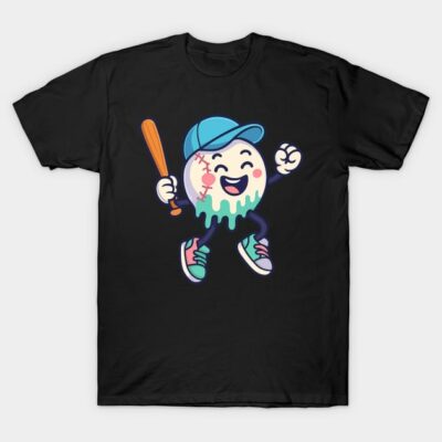 Black t-shirt with a playful cartoon baseball design, featuring a smiling baseball in a cap holding a bat.
