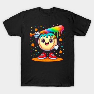 Black T-shirt with colorful baseball character design, featuring a rainbow bat, ideal for casual wear and sports fans.
