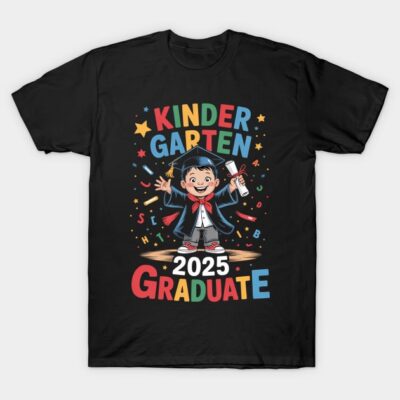 Black Kindergarten Graduate 2025 T-shirt, colorful design, perfect for graduation celebration, 100% cotton.