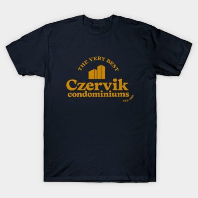Navy blue graphic t-shirt with yellow "Czervik Condominiums" print, casual style, cotton material.