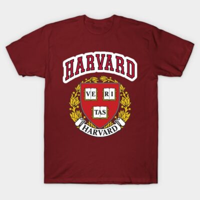 Maroon unisex t-shirt with white and gold university crest design, ideal for casual wear, 100% cotton.