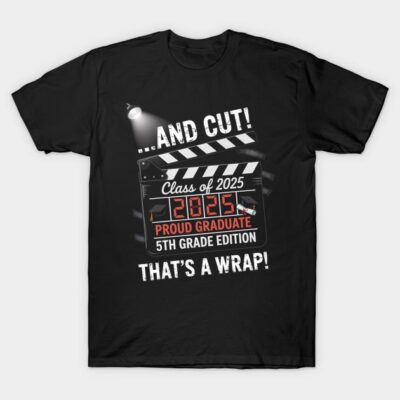 Black t-shirt with "Class of 2025 Proud Graduate 5th Grade Edition" design, perfect for graduation celebrations.