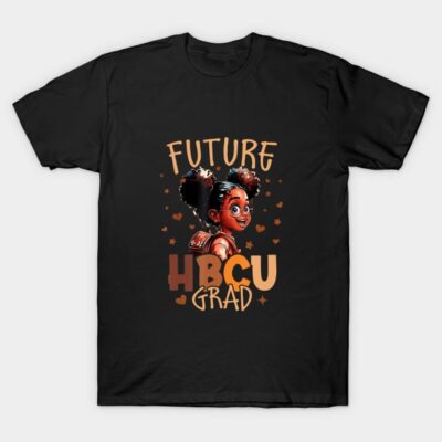Black t-shirt with "Future HBCU Grad" text and illustrated design, perfect for aspiring graduates, cotton material.