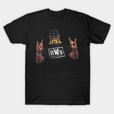 Black graphic T-shirt featuring "nWo" logo, casual style, cotton material, perfect for fans and everyday wear.