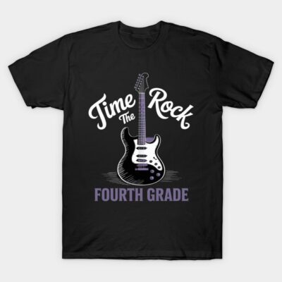 Black T-shirt with "Time to Rock Fourth Grade" text and guitar graphic, perfect for casual wear.