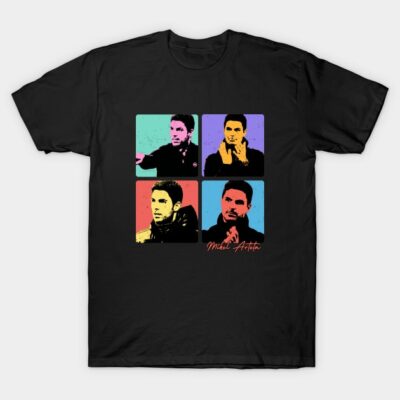 Black t-shirt with colorful pop art squares, featuring graphic designs, casual wear, 100% cotton.