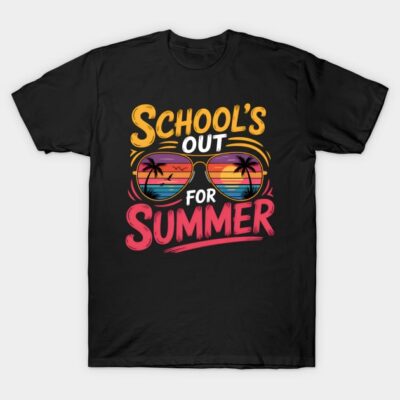 Black t-shirt with "School's Out for Summer" text and colorful sunglasses graphic, casual summer wear.