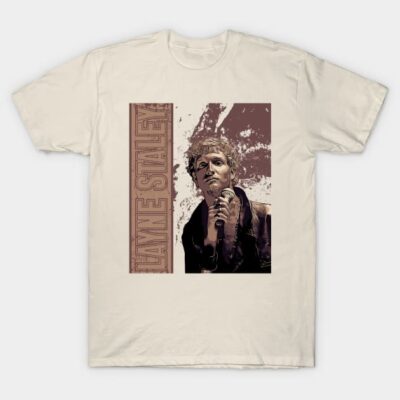 Beige graphic t-shirt with artistic singer design, casual style, soft cotton material, perfect for music enthusiasts.