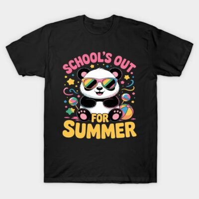 Black T-shirt with playful panda design, "School's Out For Summer" text, colorful beach theme, casual wear.