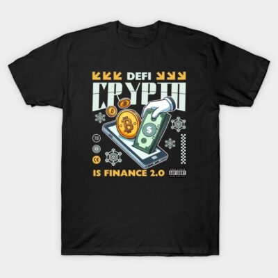 Black t-shirt with "DeFi Crypto" design, featuring digital and financial graphics, ideal for cryptocurrency enthusiasts.